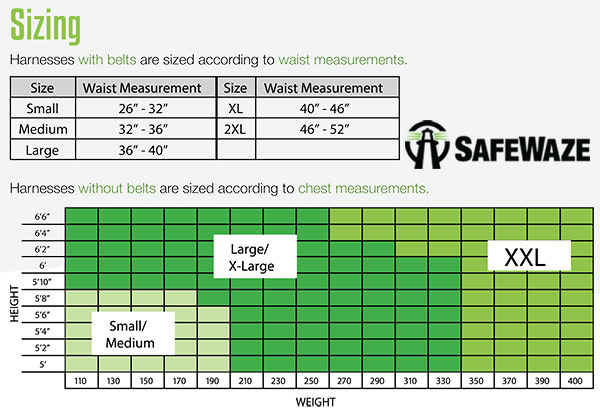 SafeWaze Harness sizing chart